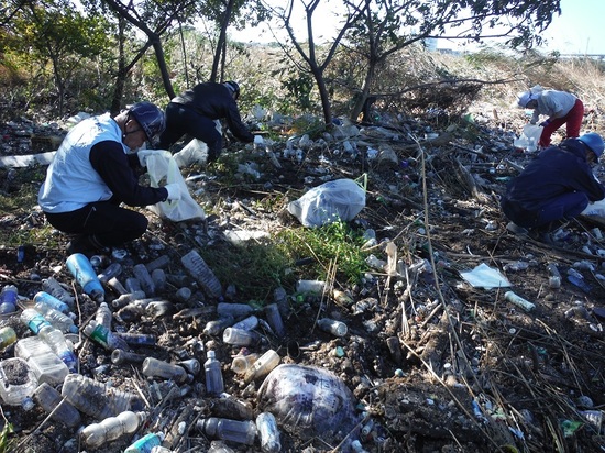 ペットボトルのゴミで埋もれている現場
