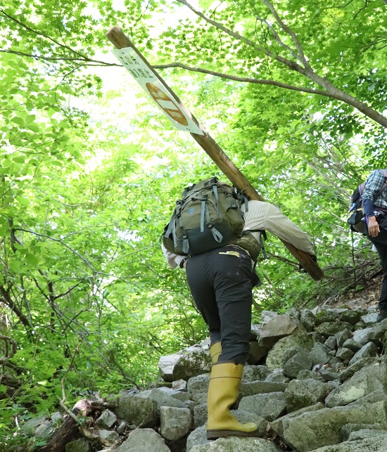 重くて長い看板を担いで登るパークボランティア