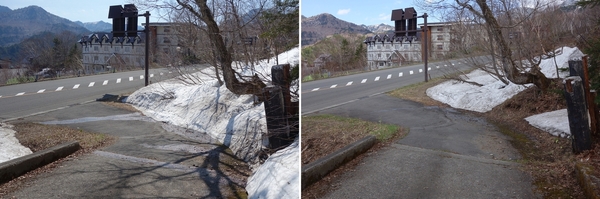 事務所への進入路の雪解けの様子