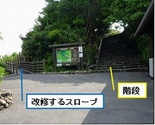 駐車場から見たスロープと階段